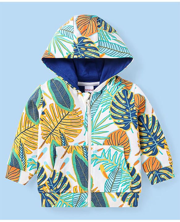 Babyhug Terry Knit Full Sleeves Tropical Theme & Text  Printed Hooded Sweatjacket & Lounge Pant with T-Shirt - Navy Blue