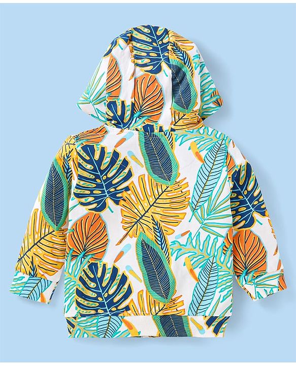 Babyhug Terry Knit Full Sleeves Tropical Theme & Text  Printed Hooded Sweatjacket & Lounge Pant with T-Shirt - Navy Blue