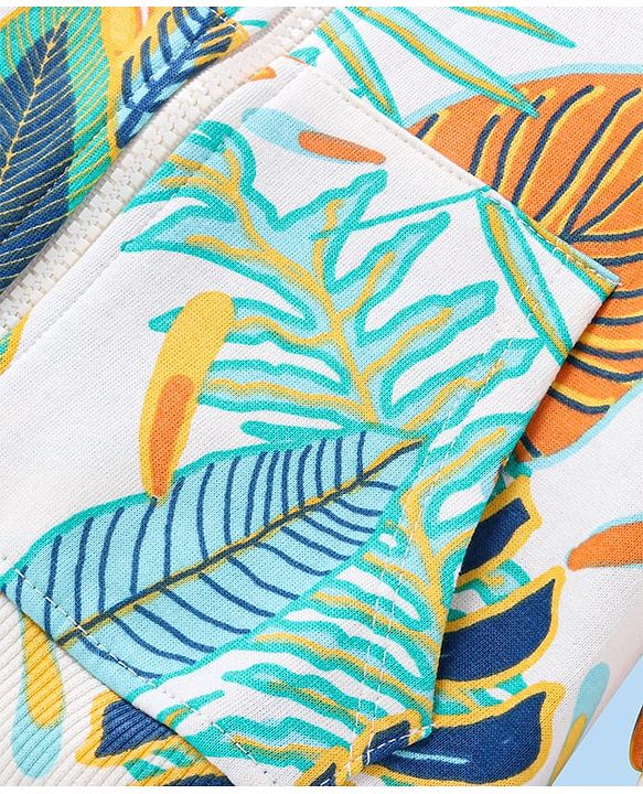 Babyhug Terry Knit Full Sleeves Tropical Theme & Text  Printed Hooded Sweatjacket & Lounge Pant with T-Shirt - Navy Blue