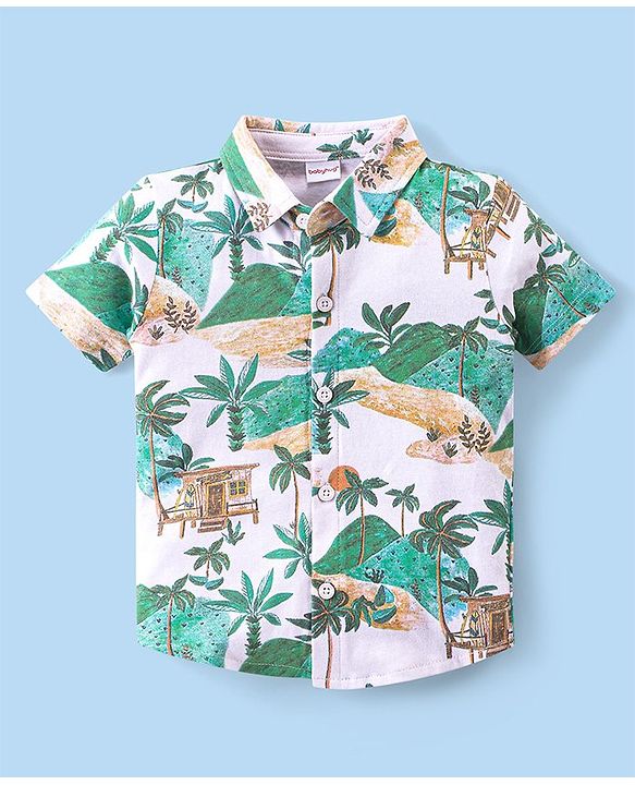 Babyhug Cotton Knit Half Sleeves Shirt & Shorts Co-Ord Set With Tropical Island Print - Multicolor
