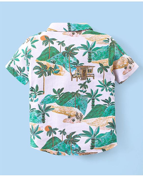 Babyhug Cotton Knit Half Sleeves Shirt & Shorts Co-Ord Set With Tropical Island Print - Multicolor