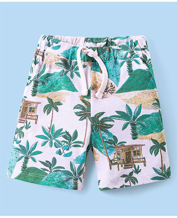 Babyhug Cotton Knit Half Sleeves Shirt & Shorts Co-Ord Set With Tropical Island Print - Multicolor