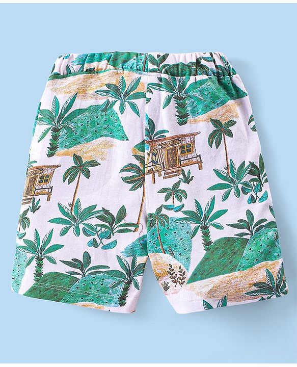 Babyhug Cotton Knit Half Sleeves Shirt & Shorts Co-Ord Set With Tropical Island Print - Multicolor