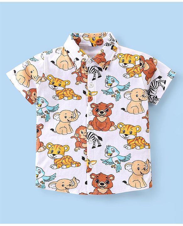 Babyhug Single Jersey Knit Half Sleeves Shirt & Shorts Co-Ord Set With Animals Print - Off White & Yellow