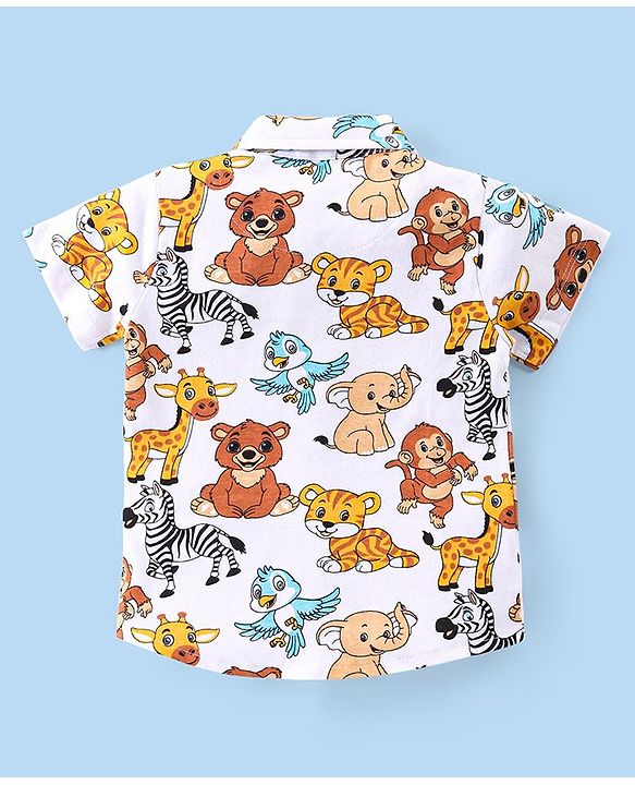 Babyhug Single Jersey Knit Half Sleeves Shirt & Shorts Co-Ord Set With Animals Print - Off White & Yellow