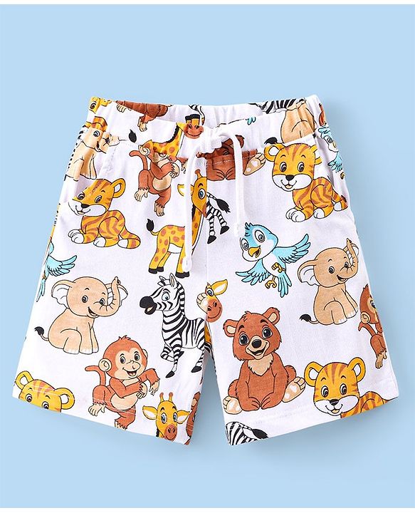 Babyhug Single Jersey Knit Half Sleeves Shirt & Shorts Co-Ord Set With Animals Print - Off White & Yellow