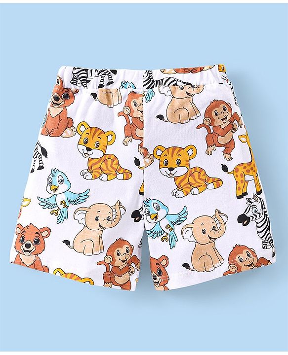 Babyhug Single Jersey Knit Half Sleeves Shirt & Shorts Co-Ord Set With Animals Print - Off White & Yellow