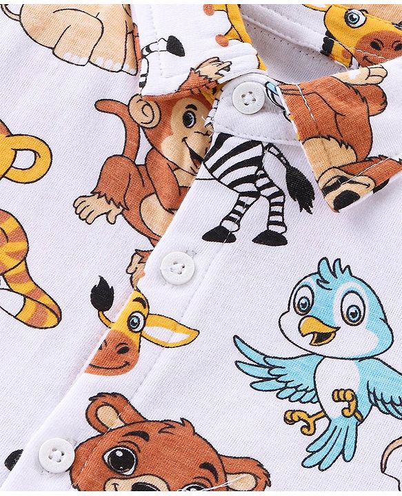 Babyhug Single Jersey Knit Half Sleeves Shirt & Shorts Co-Ord Set With Animals Print - Off White & Yellow