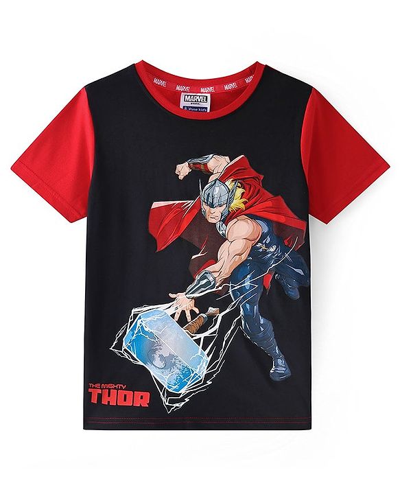 Pine Kids Marvel Cotton Knit Half Sleeves T-Shirt with Thor Print - Black & Red