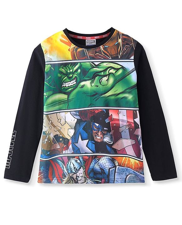 Pine Kids Marvel Cotton Knit Full Sleeves T-Shirt with Avengers Print - Black