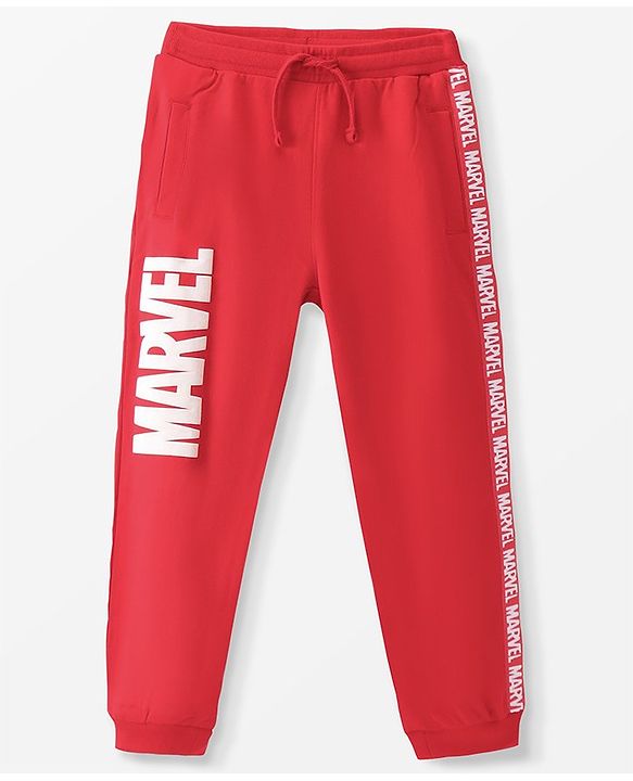 Pine Kids Marvel Cotton Terry Knit Full Length Lounge Pants With Text Puff Print and Tape Detailing - Red