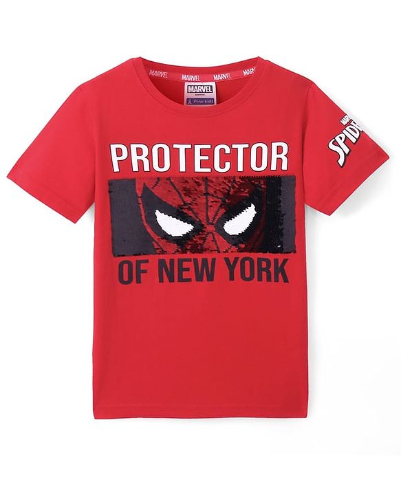 Pine Kids Marvel Cotton Knit Half Sleeves T-Shirt With Spiderman Graphics - Red