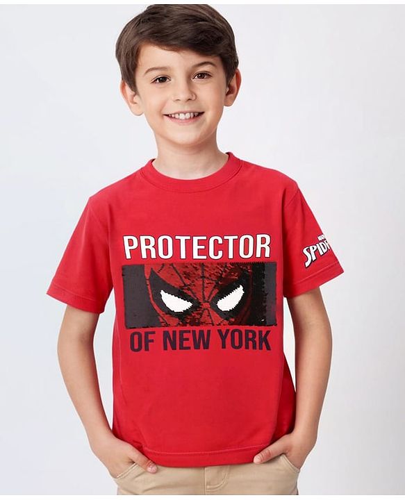 Pine Kids Marvel Cotton Knit Half Sleeves T-Shirt With Spiderman Graphics - Red