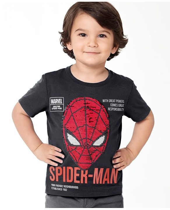 Pine Kids Marvel Cotton Knit Half Sleeves Oversized T-Shirt with Spider Man Graphics & Reversible Sequins - Black
