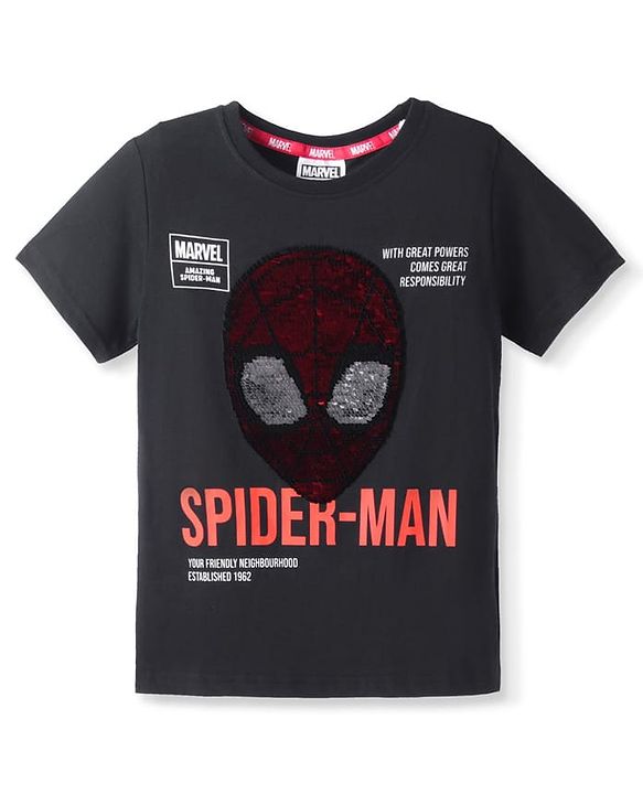 Pine Kids Marvel Cotton Knit Half Sleeves Oversized T-Shirt with Spider Man Graphics & Reversible Sequins - Black