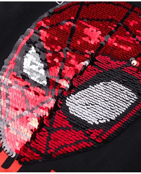 Pine Kids Marvel Cotton Knit Half Sleeves Oversized T-Shirt with Spider Man Graphics & Reversible Sequins - Black