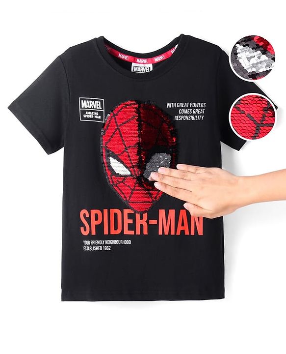 Pine Kids Marvel Cotton Knit Half Sleeves Oversized T-Shirt with Spider Man Graphics & Reversible Sequins - Black