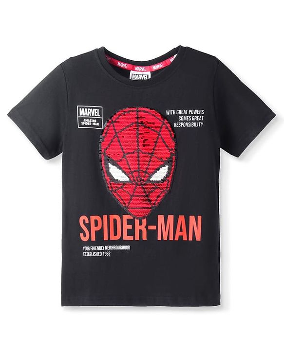 Pine Kids Marvel Cotton Knit Half Sleeves Oversized T-Shirt with Spider Man Graphics & Reversible Sequins - Black