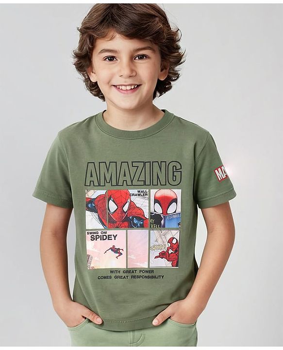 Pine Kids Marvel Cotton Knit Half Sleeves T-Shirt With Spider Man Graphics - Olive Green