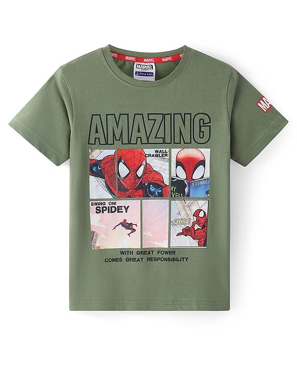 Pine Kids Marvel Cotton Knit Half Sleeves T-Shirt With Spider Man Graphics - Olive Green