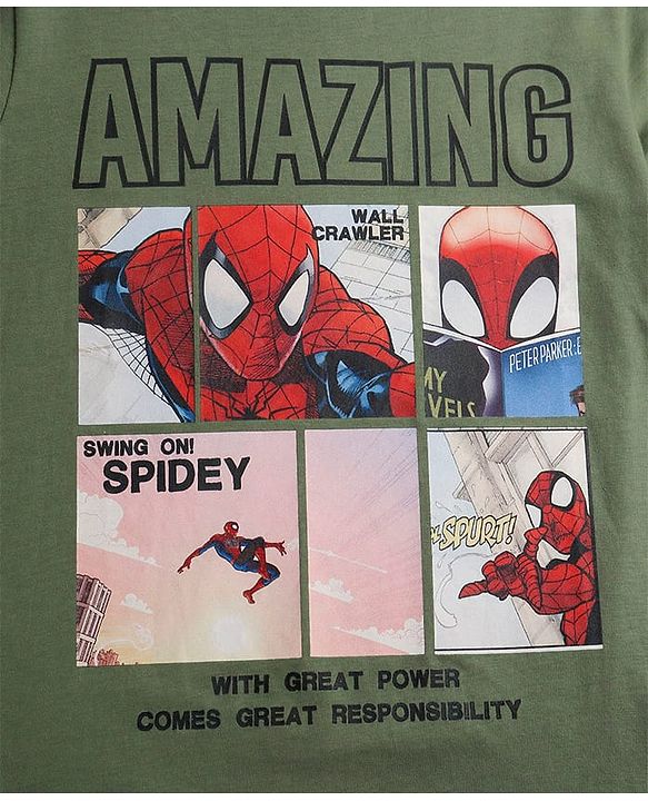 Pine Kids Marvel Cotton Knit Half Sleeves T-Shirt With Spider Man Graphics - Olive Green