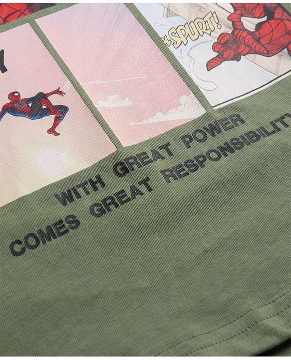 Pine Kids Marvel Cotton Knit Half Sleeves T-Shirt With Spider Man Graphics - Olive Green