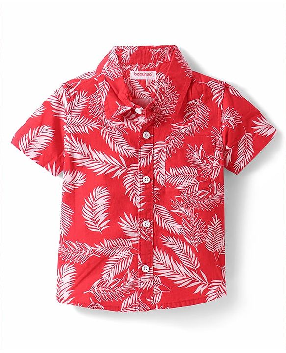 Babyhug Cotton Woven Half Sleeves Shirt With Leaves Print - Red