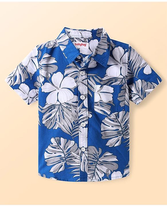 Babyhug Cotton Woven Half Sleeves Shirt with Floral Print - Blue