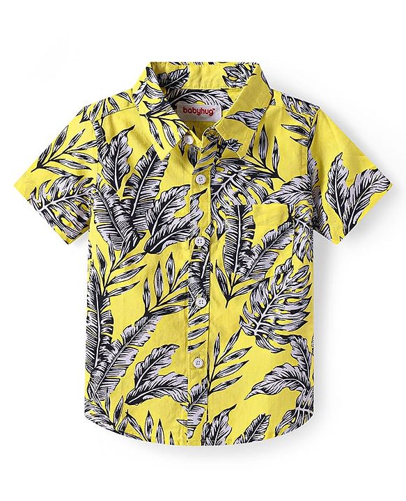Babyhug Cotton Knit Half Sleeves Shirt with Leaves Print - Yellow