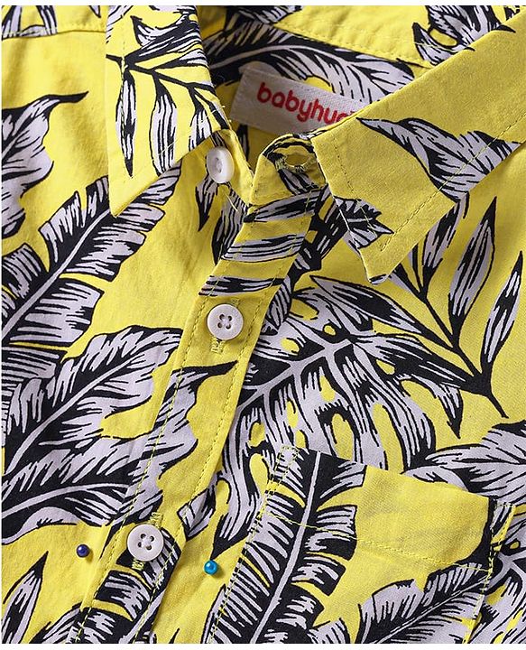 Babyhug Cotton Knit Half Sleeves Shirt with Leaves Print - Yellow