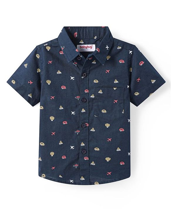 Babyhug Cotton Knit Half Sleeves Shirt with Vehicle Print - Navy Blue
