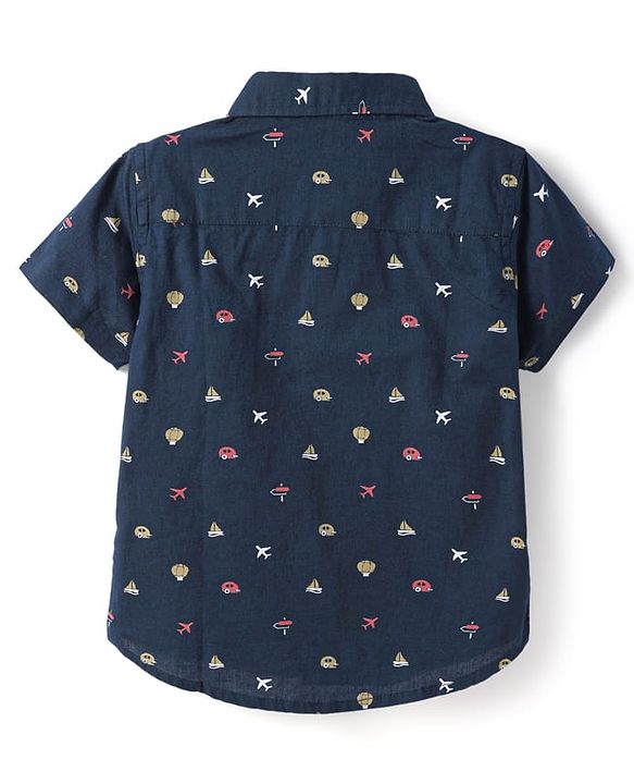 Babyhug Cotton Knit Half Sleeves Shirt with Vehicle Print - Navy Blue