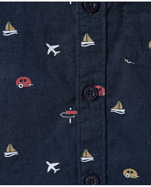 Babyhug Cotton Knit Half Sleeves Shirt with Vehicle Print - Navy Blue
