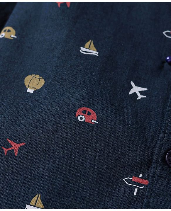 Babyhug Cotton Knit Half Sleeves Shirt with Vehicle Print - Navy Blue
