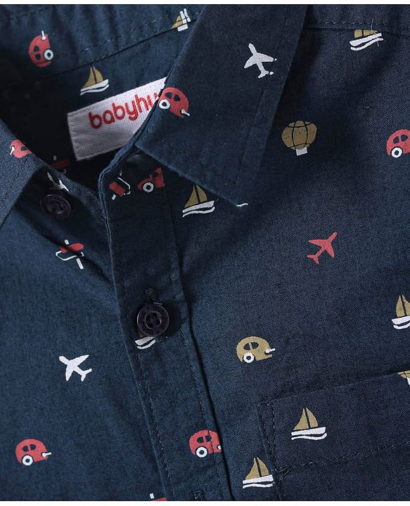 Babyhug Cotton Knit Half Sleeves Shirt with Vehicle Print - Navy Blue