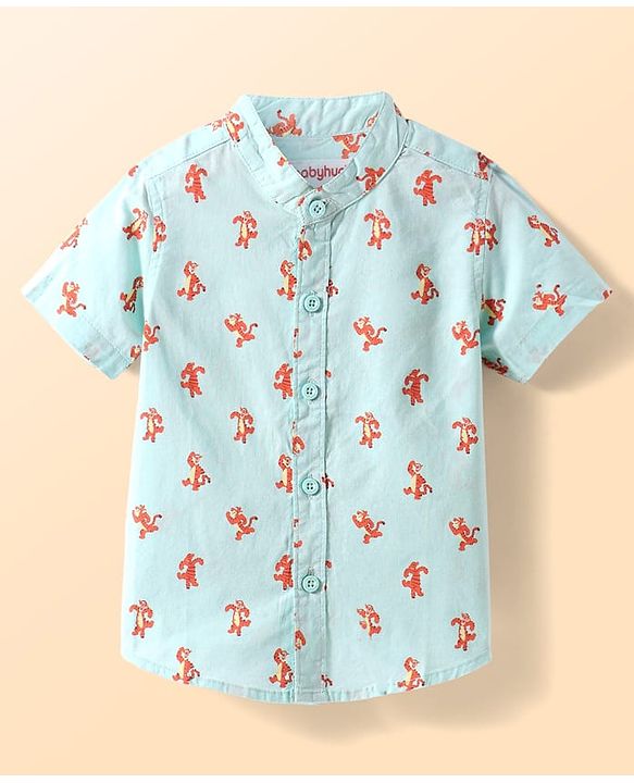 Babyhug Cotton Woven Half Sleeves Mandarin Collar Tiger Printed Shirt - Light Blue