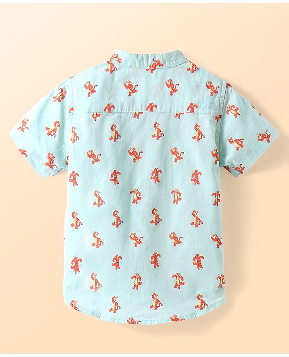 Babyhug Cotton Woven Half Sleeves Mandarin Collar Tiger Printed Shirt - Light Blue