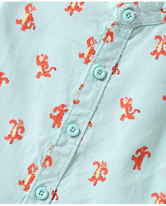 Babyhug Cotton Woven Half Sleeves Mandarin Collar Tiger Printed Shirt - Light Blue