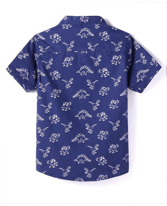 Babyhug Cotton Woven Half Sleeves Dino Printed Shirt -Navy