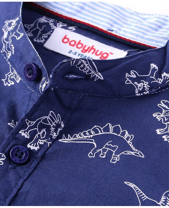Babyhug Cotton Woven Half Sleeves Dino Printed Shirt -Navy