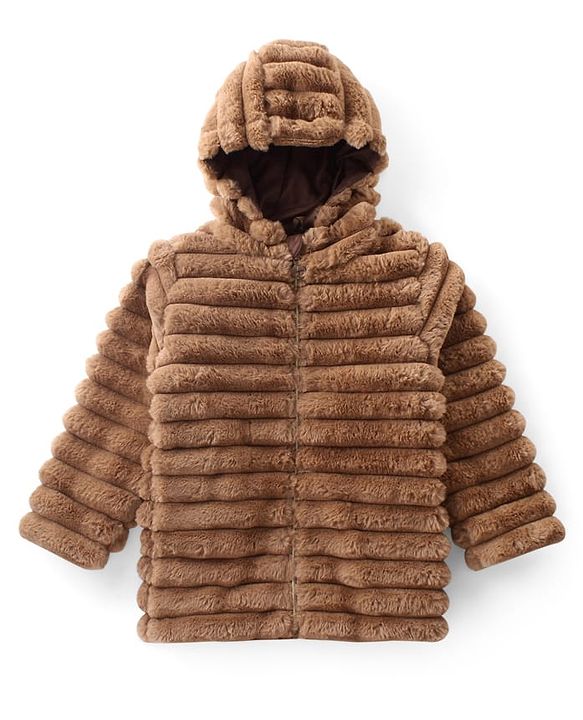 Pine Kids Full Sleeves Hooded Jacket with Stripes & Fur Design - Beige