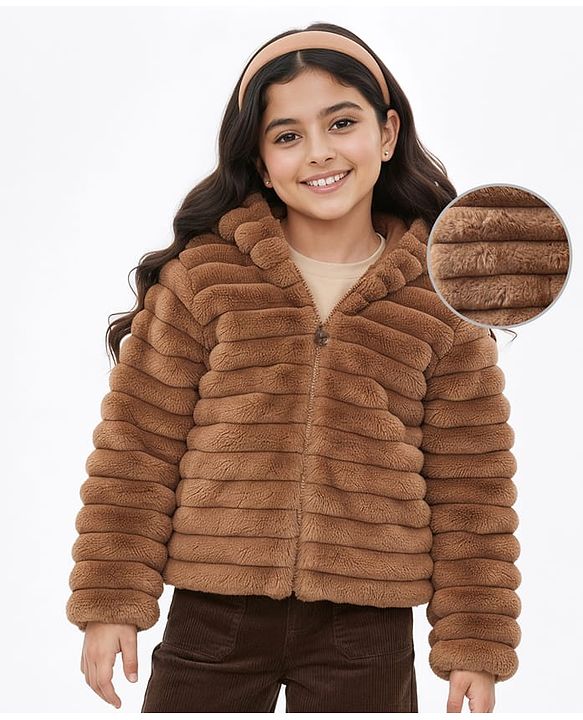 Pine Kids Full Sleeves Hooded Jacket with Stripes & Fur Design - Beige