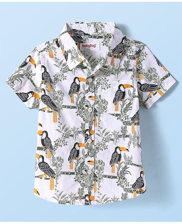 Babyhug Cotton Knit Half Sleeves Shirt with Bird Print -  White