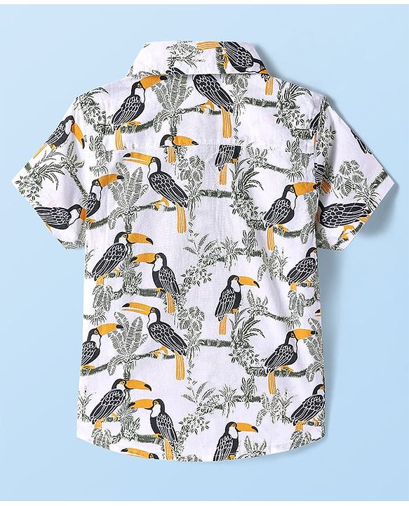 Babyhug Cotton Knit Half Sleeves Shirt with Bird Print -  White