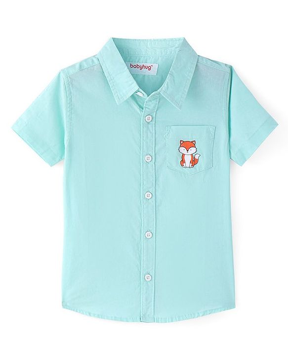 Babyhug Cotton Woven Half Sleeves Shirt with Fox Print - Light Blue