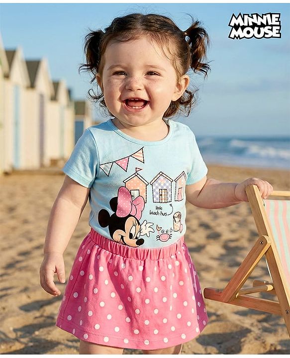 Babyhug Disney Interlock Knit Half Sleeves Onesies & Skirt with Minnie Mouse Graphics & Polka Dot Print  - Blue & Pink