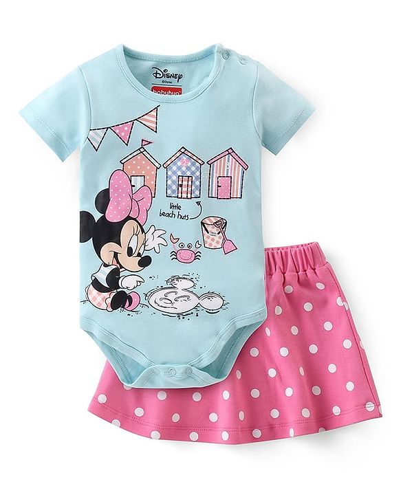 Babyhug Disney Interlock Knit Half Sleeves Onesies & Skirt with Minnie Mouse Graphics & Polka Dot Print  - Blue & Pink
