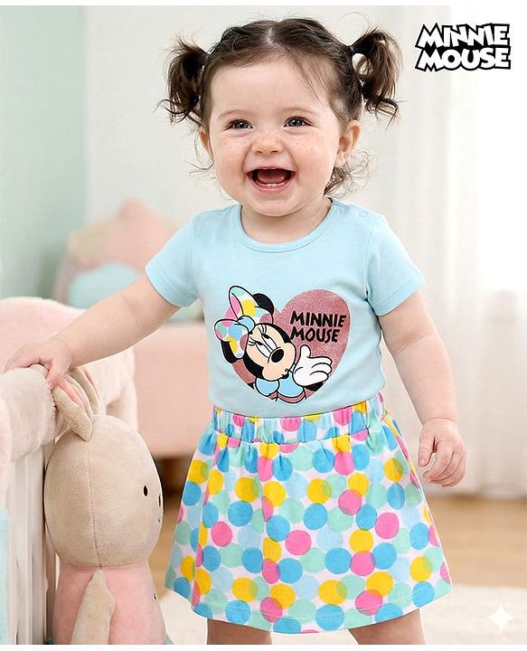 Babyhug Disney Interlock Knit Half Sleeve Minnie Mouse Graphic Onesies with Polka Dot Print Skirt - Blue