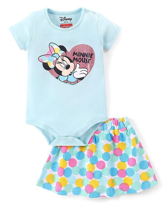 Babyhug Disney Interlock Knit Half Sleeve Minnie Mouse Graphic Onesies with Polka Dot Print Skirt - Blue