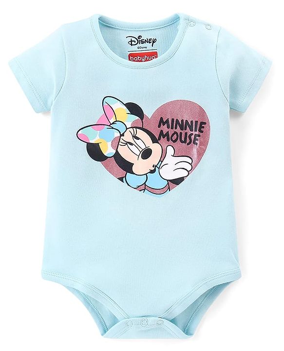 Babyhug Disney Interlock Knit Half Sleeve Minnie Mouse Graphic Onesies with Polka Dot Print Skirt - Blue